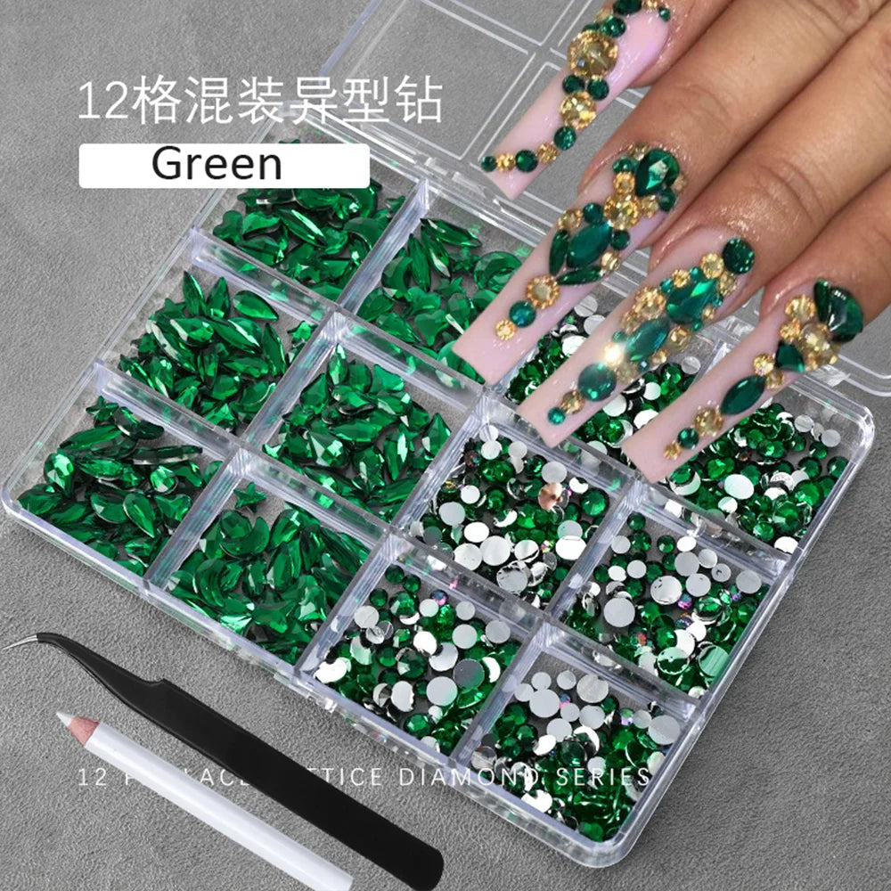 12Grids(400-500pc) 3D White Flat-Back Nail Art Rhinestones Irregular Resin Gems Nail Jewels for Face Eye Makeup Nail Decorations