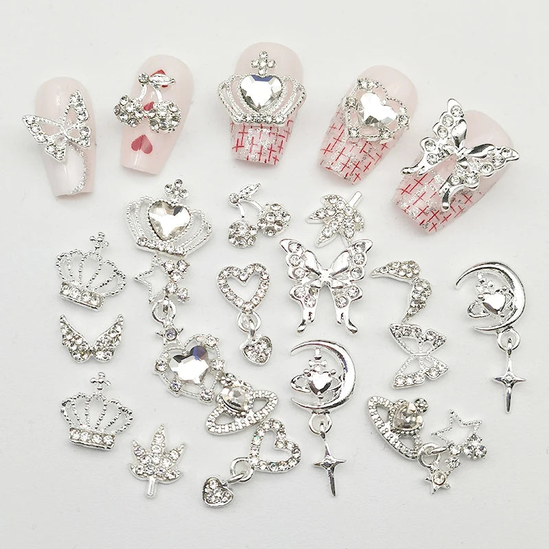 30Pcs Pink Nail Charms Alloy Rhinestones 3D Star Butterfly Heart Cross Gem Nails Crystal Diamond Nail Art Decoration Accessories