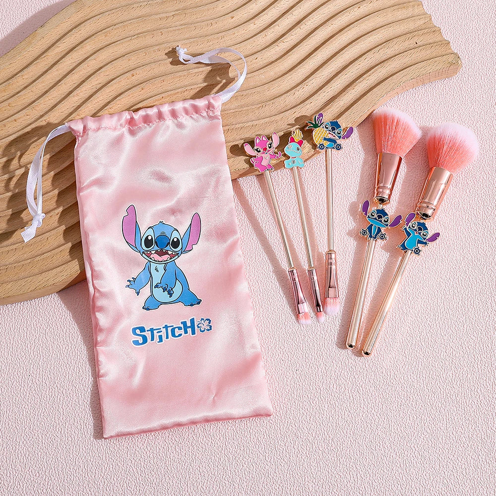 NEW 5PCS Disney Stitch Makeup Brush Set - Soft Fluffy Foundation Blush Cute Cosmetic Tools With Pouch Perfect Christmas Gift