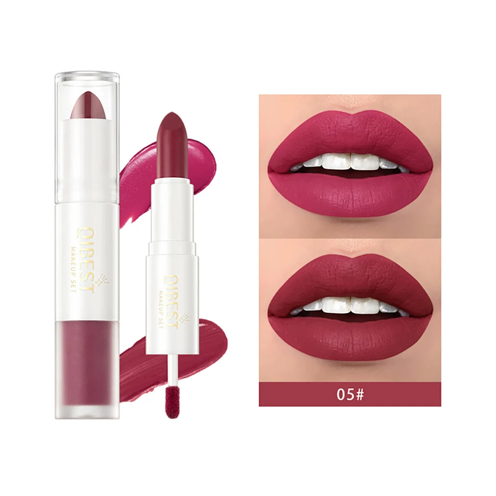 QIBEST 10 Colors 2 in 1 Matte Lipstick Lip Gloss Cosmetics Waterproof Double Head Red Purple Lipstick Long Lasting Lips Makeup