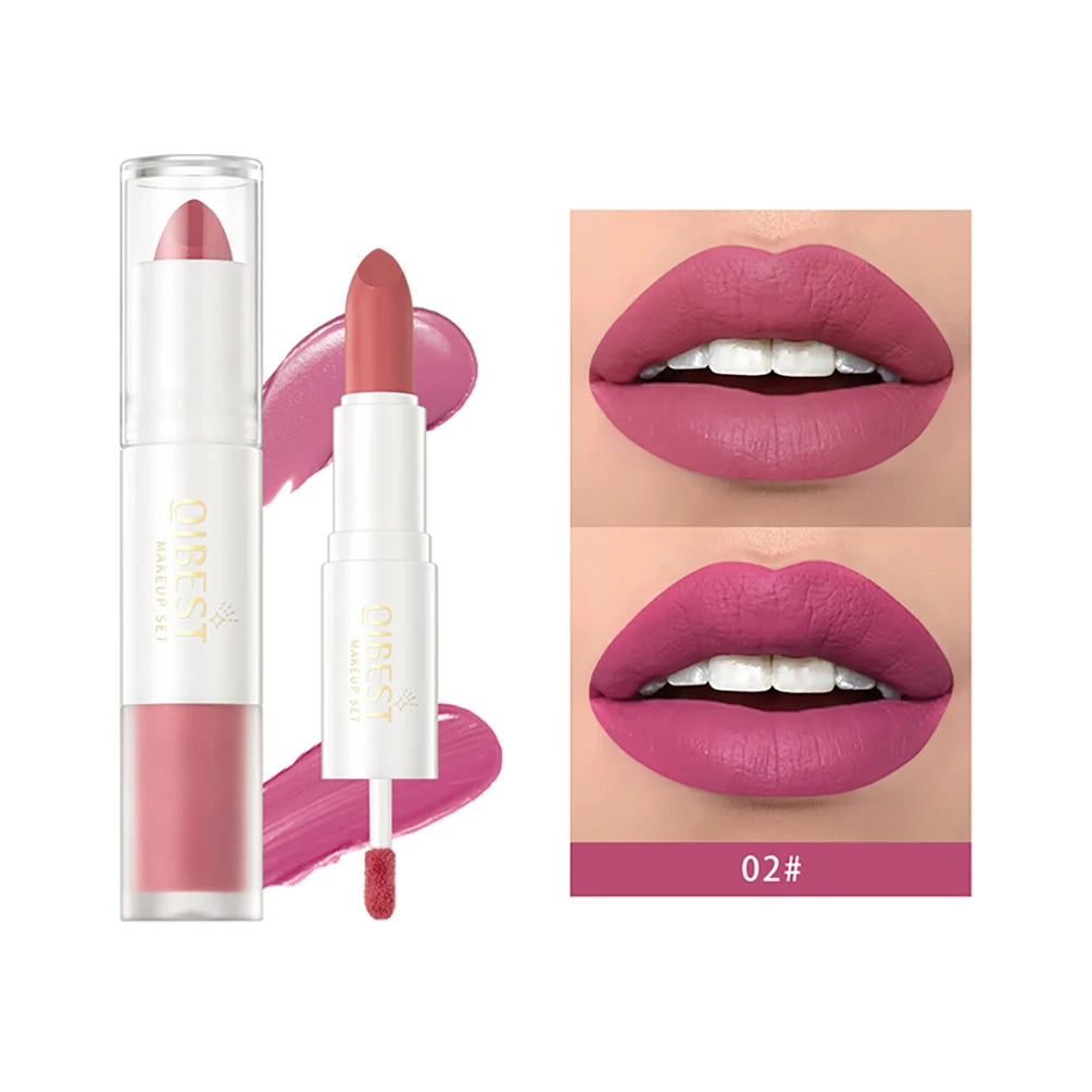 QIBEST 10 Colors 2 in 1 Matte Lipstick Lip Gloss Cosmetics Waterproof Double Head Red Purple Lipstick Long Lasting Lips Makeup