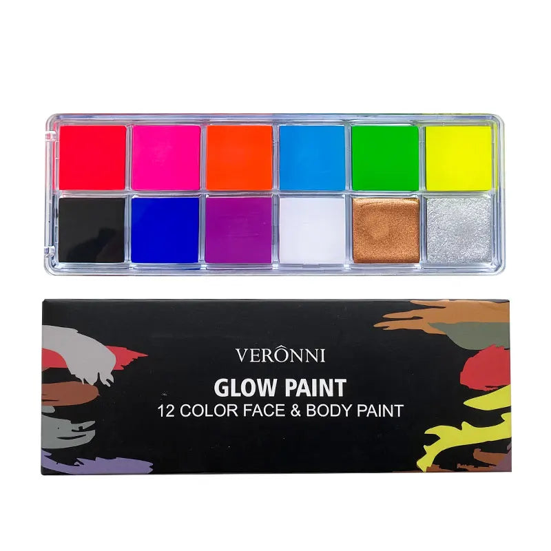 12 Cores UV Glow Paint Fluorescent Neon Oil Face Body Cosmetic Palette for Halloween Party Paint Fancy Dress Kid Cosplay Makeup