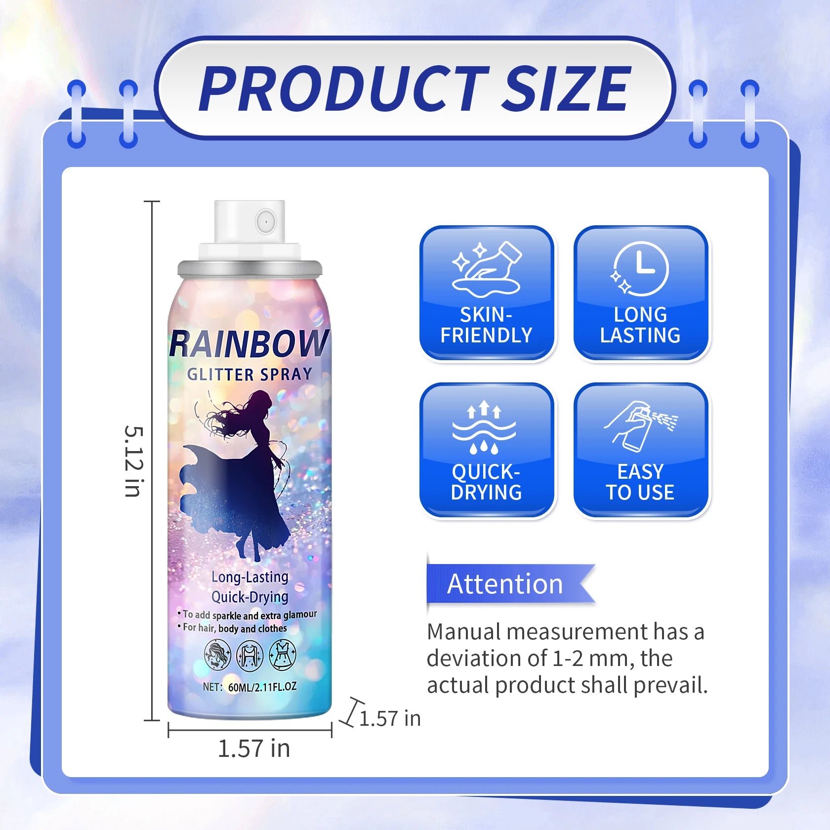 60ML Body Glitter Spray For Hair Body Long-Lasting Quick-Drying Shiny Hairspray For Festival Party Rave Temporary Glitter Spray