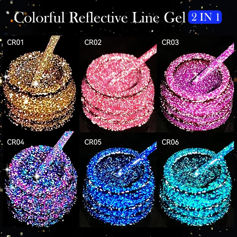 LILYCUTE 6Pcs/Set 5ml Reflective Glitter Liner Gel Polish Champagne Sparkling Lines Nail Art Painting Gel Semi Permanent UV Gel