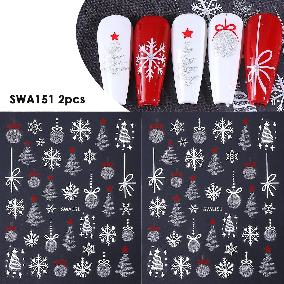 2pcs Sparkle Silver Winter Nail Sticker Geometry Snowflakes Xmas Tree Decorative Balls Adhesive Sliders Christmas Manicure Decal