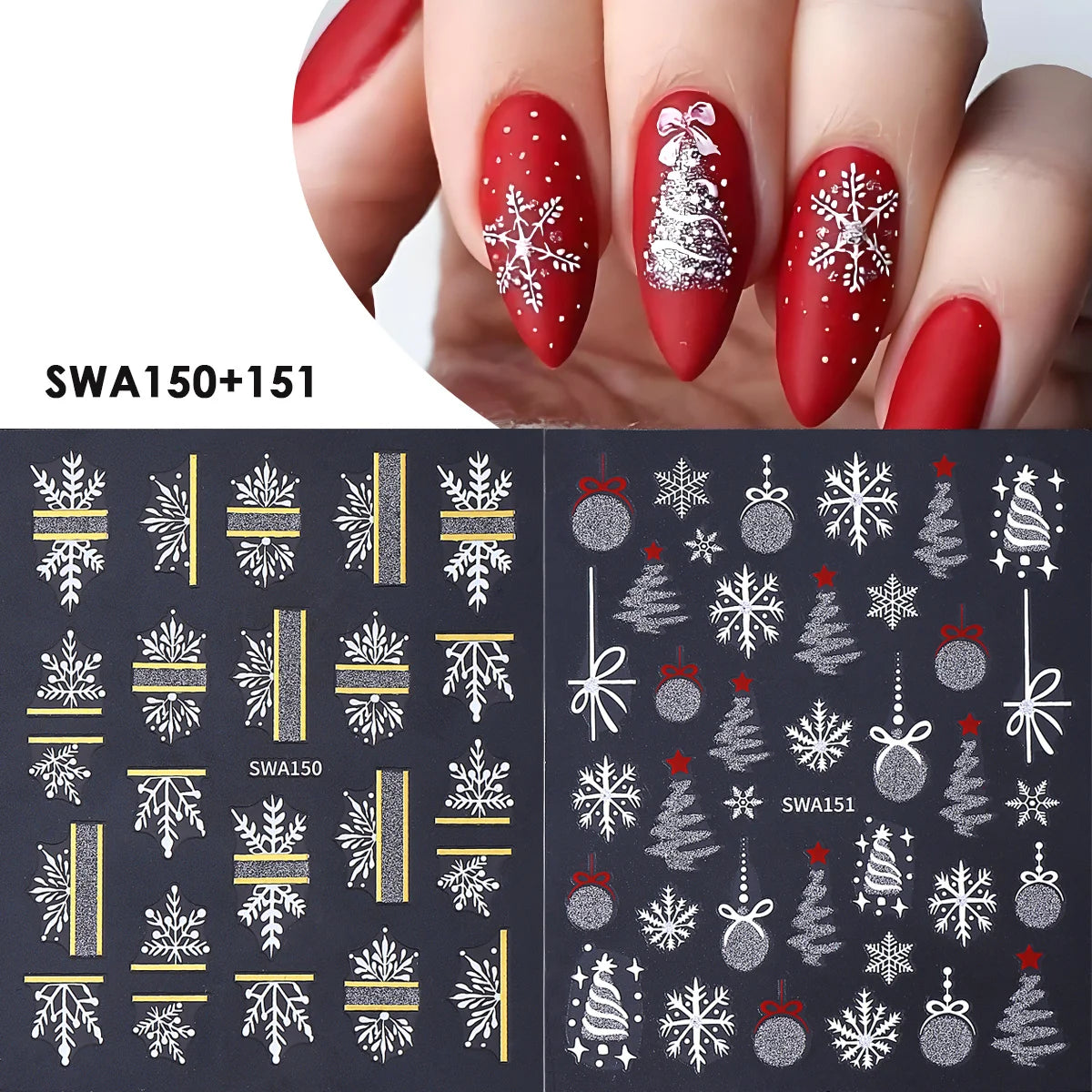 2pcs Sparkle Silver Winter Nail Sticker Geometry Snowflakes Xmas Tree Decorative Balls Adhesive Sliders Christmas Manicure Decal