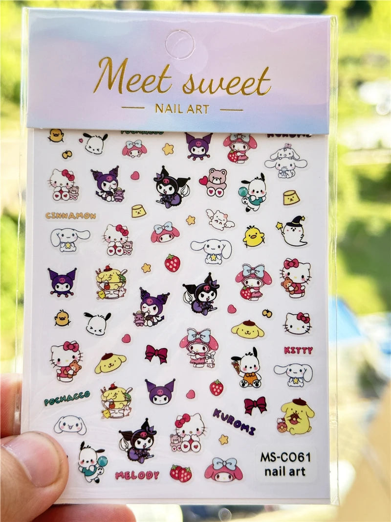 4PCS/1PC Set 3D Kawaii Sanrioed Nail Stickers,Hello Kitty Kuromi Melody Cartoon Nail Decals Decoration Supplies,Press on Nails