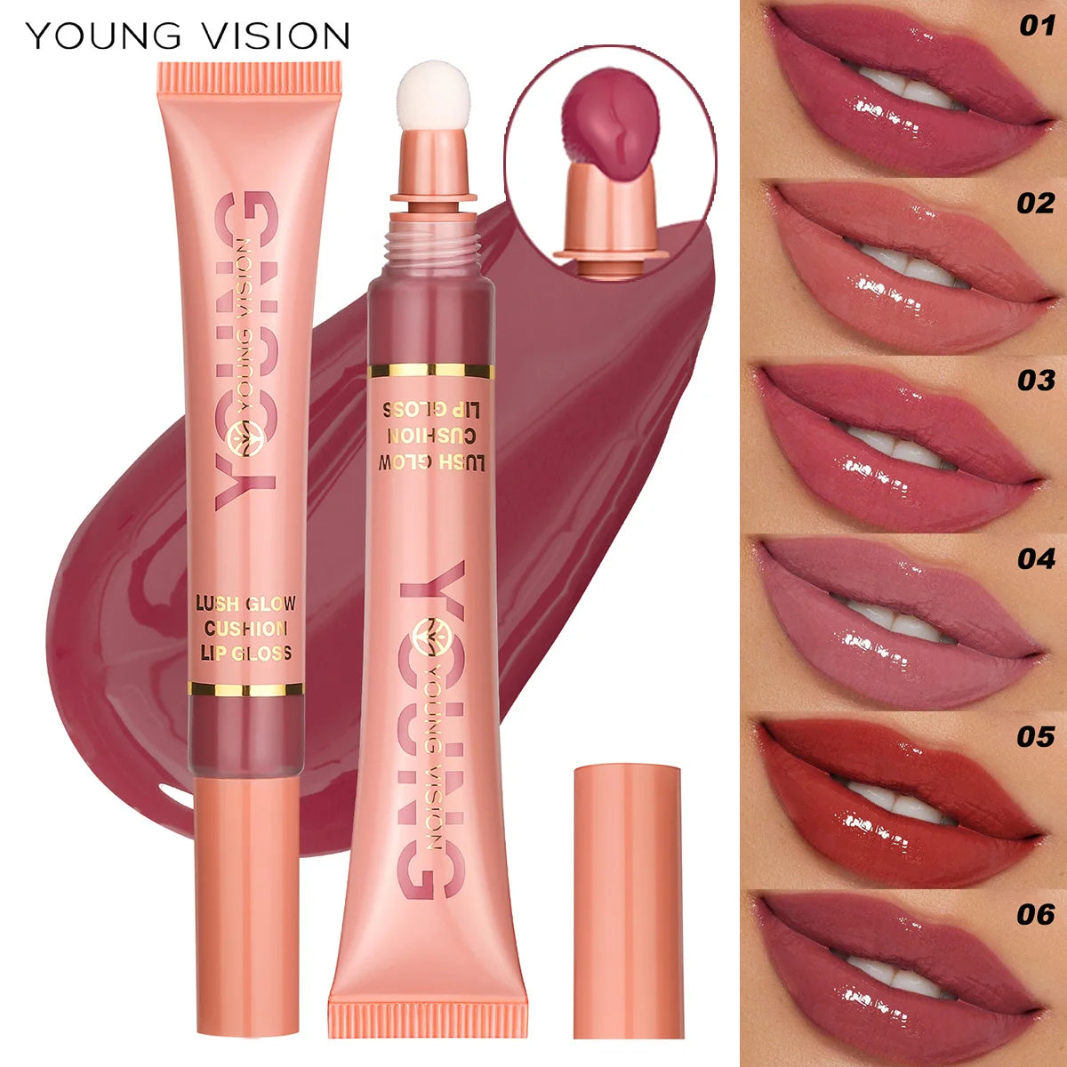 YOUNG VISION 6 color Liquid Water Brightening Lip Color Plush Brush Head Squeezing Lip Color Moisturizing Lip Glaze