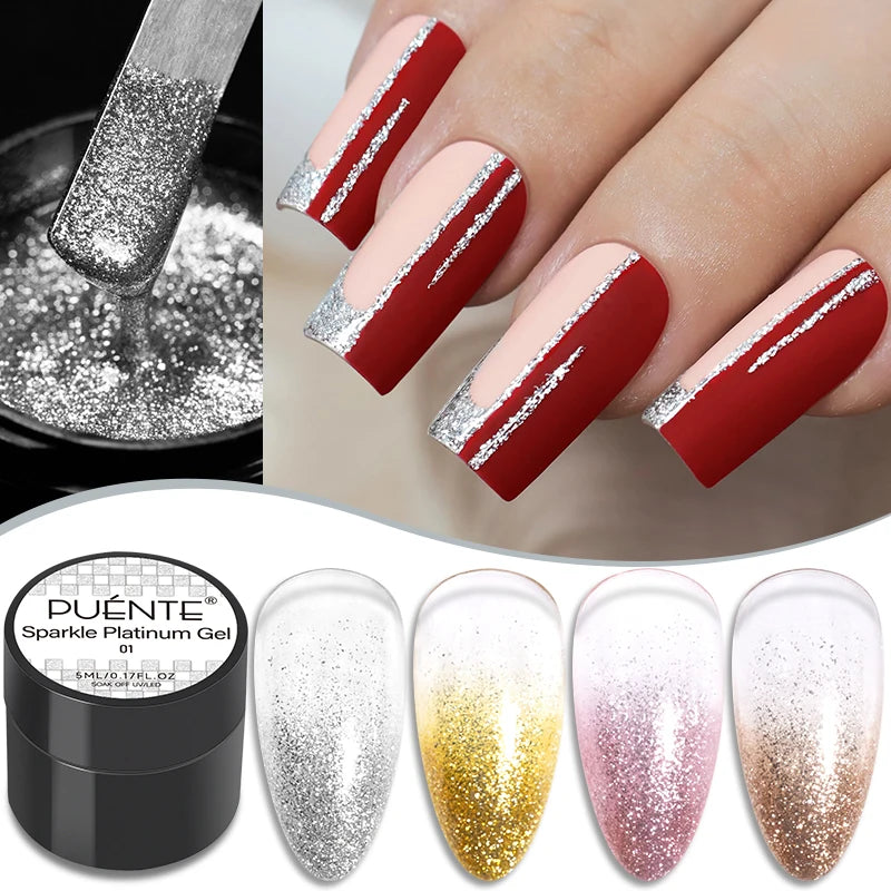 PUENTE Sparkle Platinum Gel Nail Polish 5ML Shiny Gold Silver Glitter Painting Gel Drawing Semi Permanent Varnish For Manicure