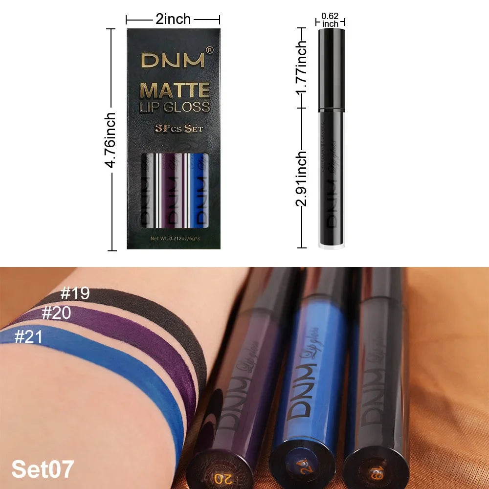3pcs/set Liquid Lipstick Waterproof Long Lasting Cosmetic Black Blue Purple Green Matte Lip Gloss Nude Lip Tint Stain Makeup Set