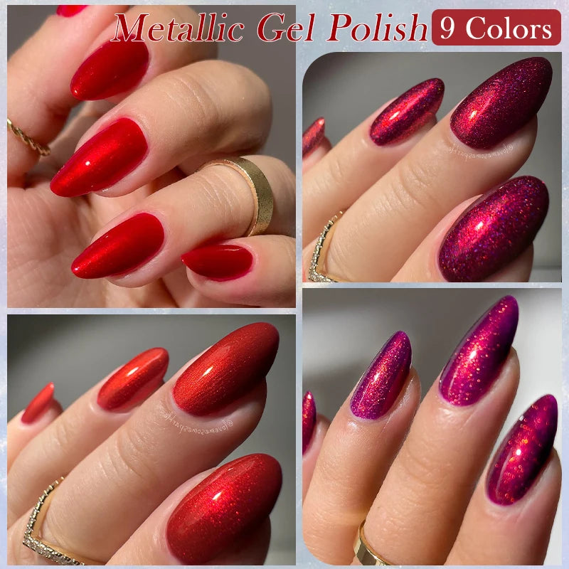 LILYCUTE 7ml Metallic Red Gel Nail Polish Winter Bright Chrome Glitter Mirror Enamel Gel Semi Permanent UV Soak Off Nail Art