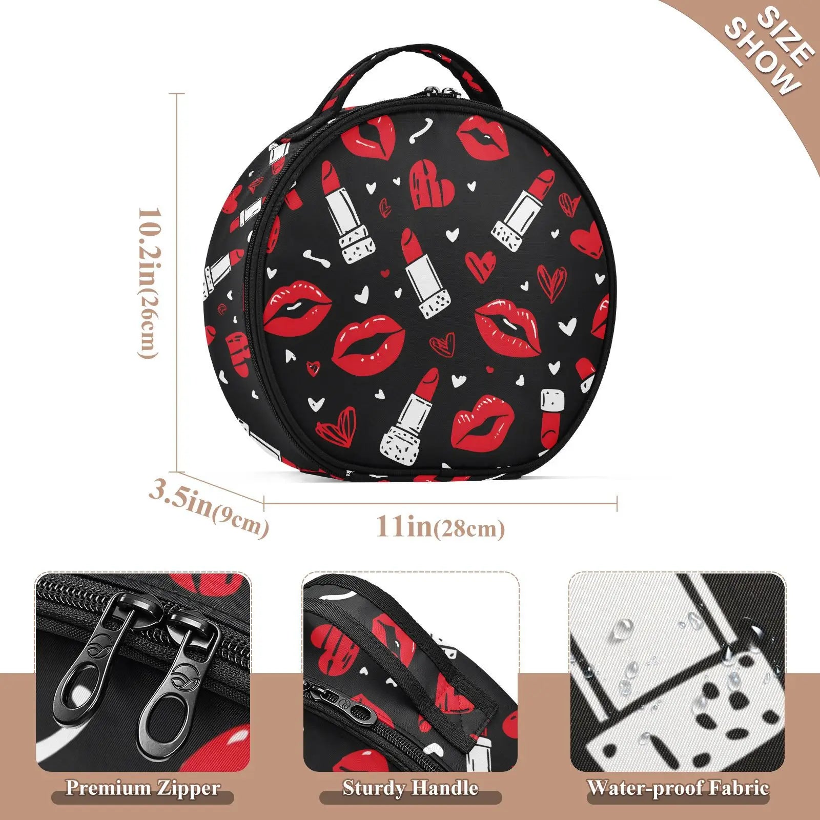 Round hard partition Cosmetic Bag Organizer Women Travel Make Up mouth lipstick pattern Cosmetics Suitcases Makeup Toiletry Bag