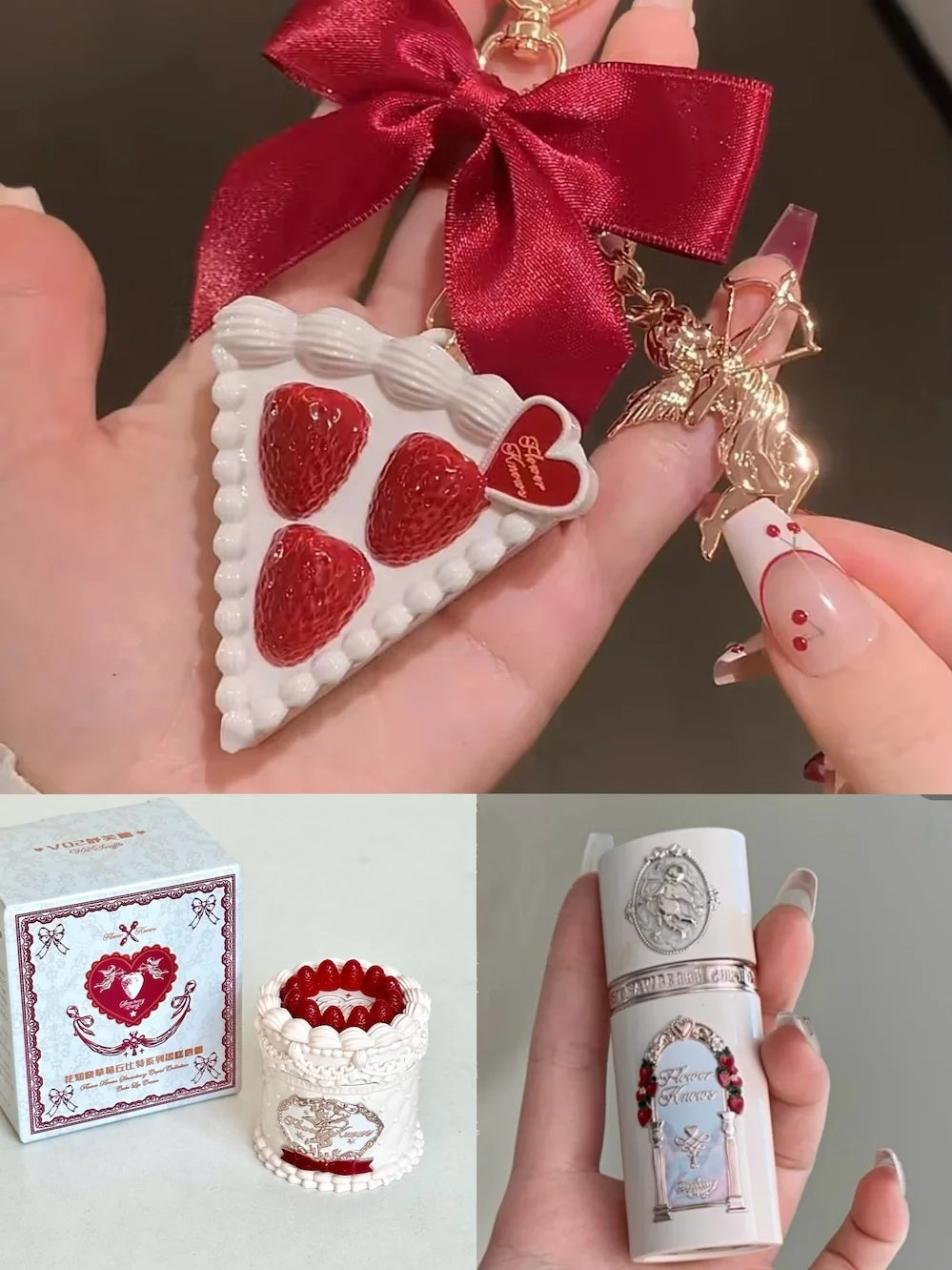 Fower Knows Strawberry Cupid Cosmetic Set Lipstick Blusher Setting Powder Gift Special Present for Girl Christmas Festival