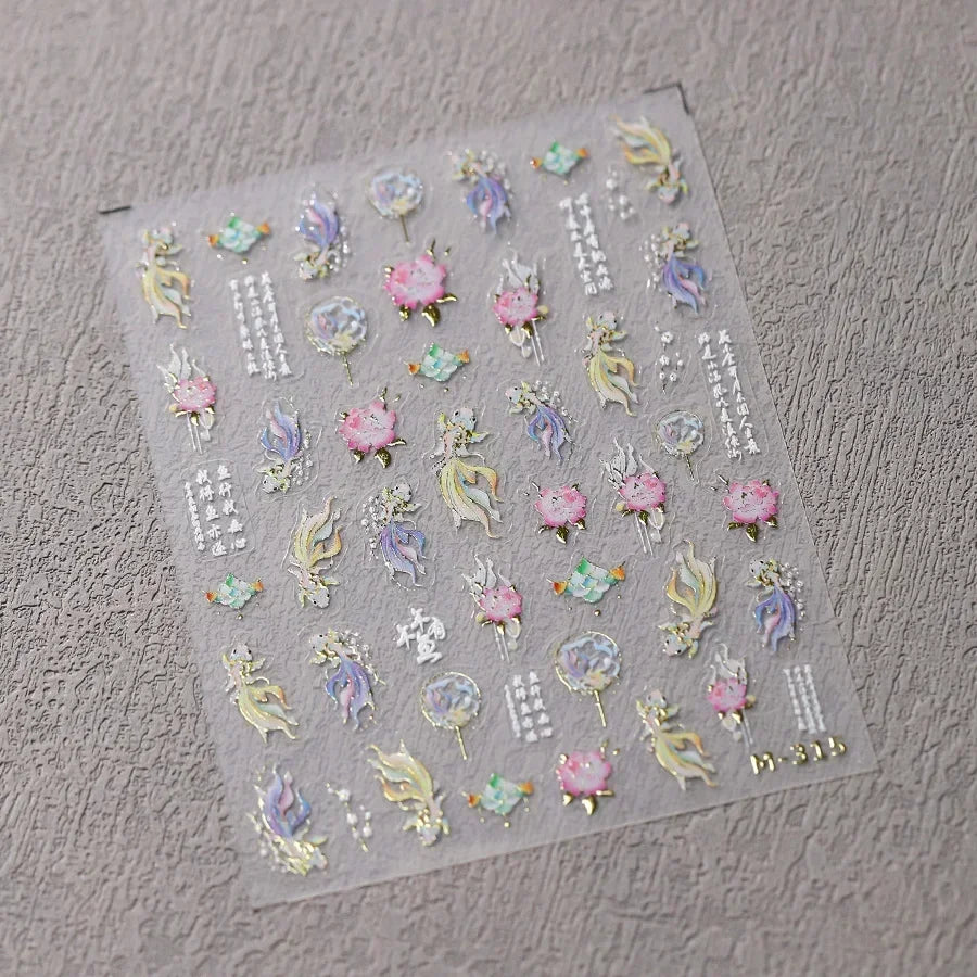 Goldfish Cavort Water Grass Lotus Flower Leaf Brocaded Carp Koi Ripple Droplet Water Bubbles 5D Nail Art Stickers Manicure Decal