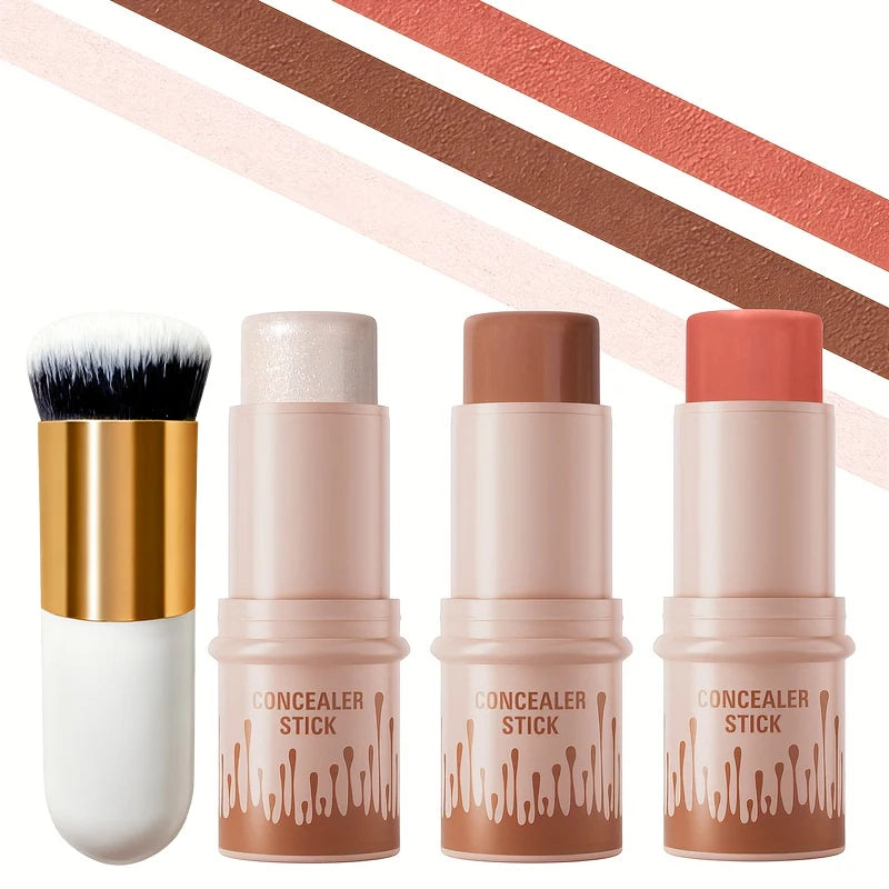 3pcs Concealer Sticks Set with Brush, Highlighter & Bronzer & Blush Sticks Brighten The Face, Waterproof Suitable for Christmas
