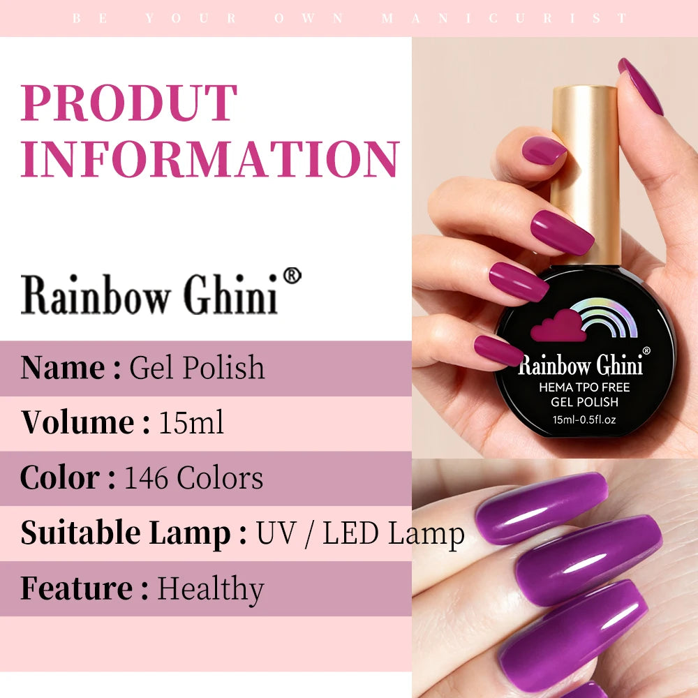 Rainbow Ghini 15ML 146 Colors Long-Lasting Colorful Gel Nail Polish Professional UV/LED Gel Polish Base Coat Matte Top Coat