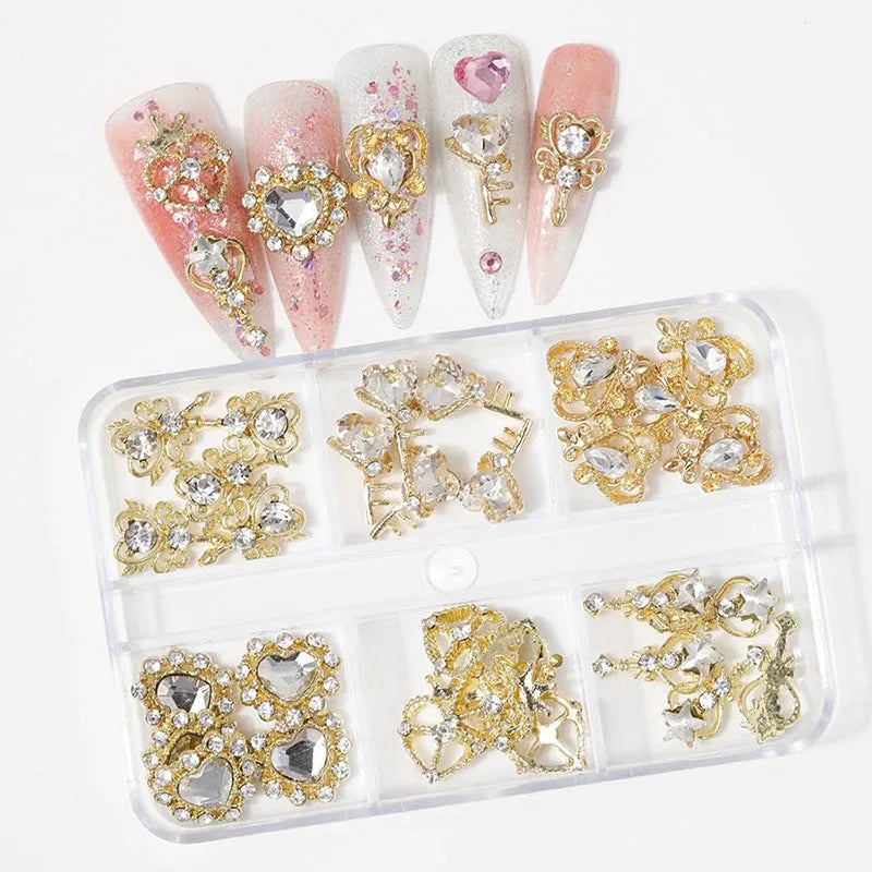 30Pcs Pink Nail Charms Alloy Rhinestones 3D Star Butterfly Heart Cross Gem Nails Crystal Diamond Nail Art Decoration Accessories