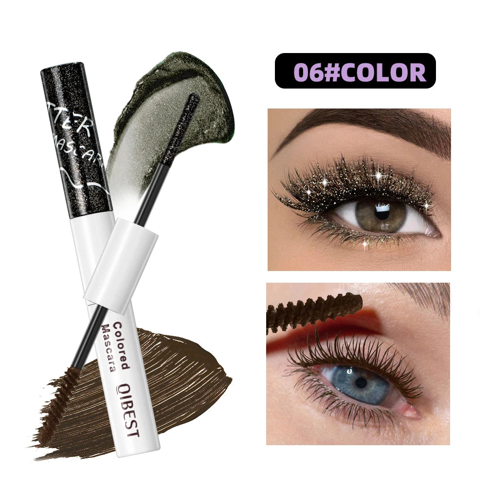 QIBEST Double Head Diamond Glitter Mascara Lasting Colored Mascara Eyelashes Pink Blue Green Red Brown Voluminous Mascara Rimel