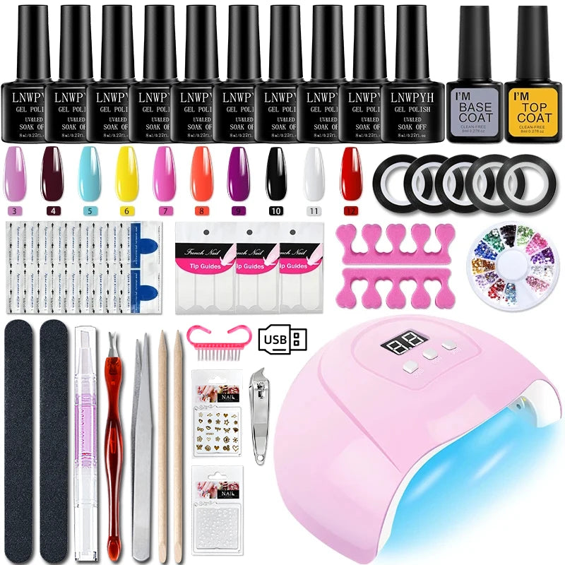Gel Varnish Kit Professional Nail Gel Kit With Nail Dryer Soak Off Nail Gel Polish Kit Base Coat Top Coat Manicure Tools Set
