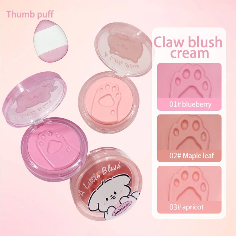 Cat Paw Cream Blush With Thumb Powder Puff Natural Matte Brighten Purple Apricot Rubores Cute Blusher Rouge Korean Dupes Makeup