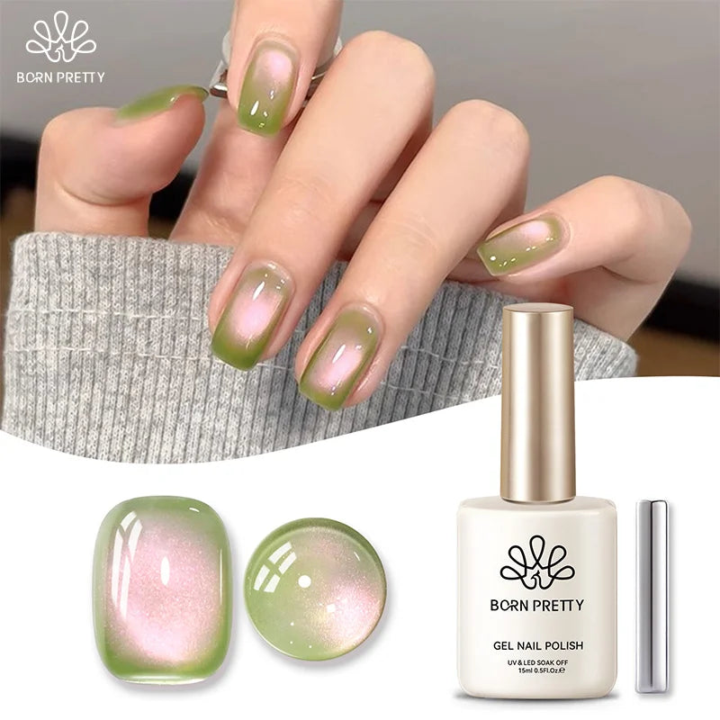 BORN PRETTY 10ml/15ml Guava Green Cat Magnetic Gel Shine Glitter Semi Permanent Soak Off UV Varnish Nail Supplies