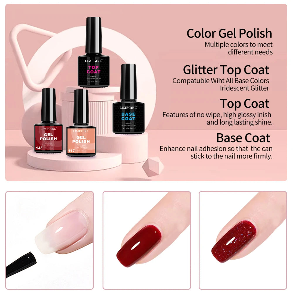 LIMEGIRL 8ml Gel Nail Polish Kit UV Soaking Gel Primer Polish Manicure Kit with UV LED Lamp Dryer Semi-Permanent Gel Varnish Kit