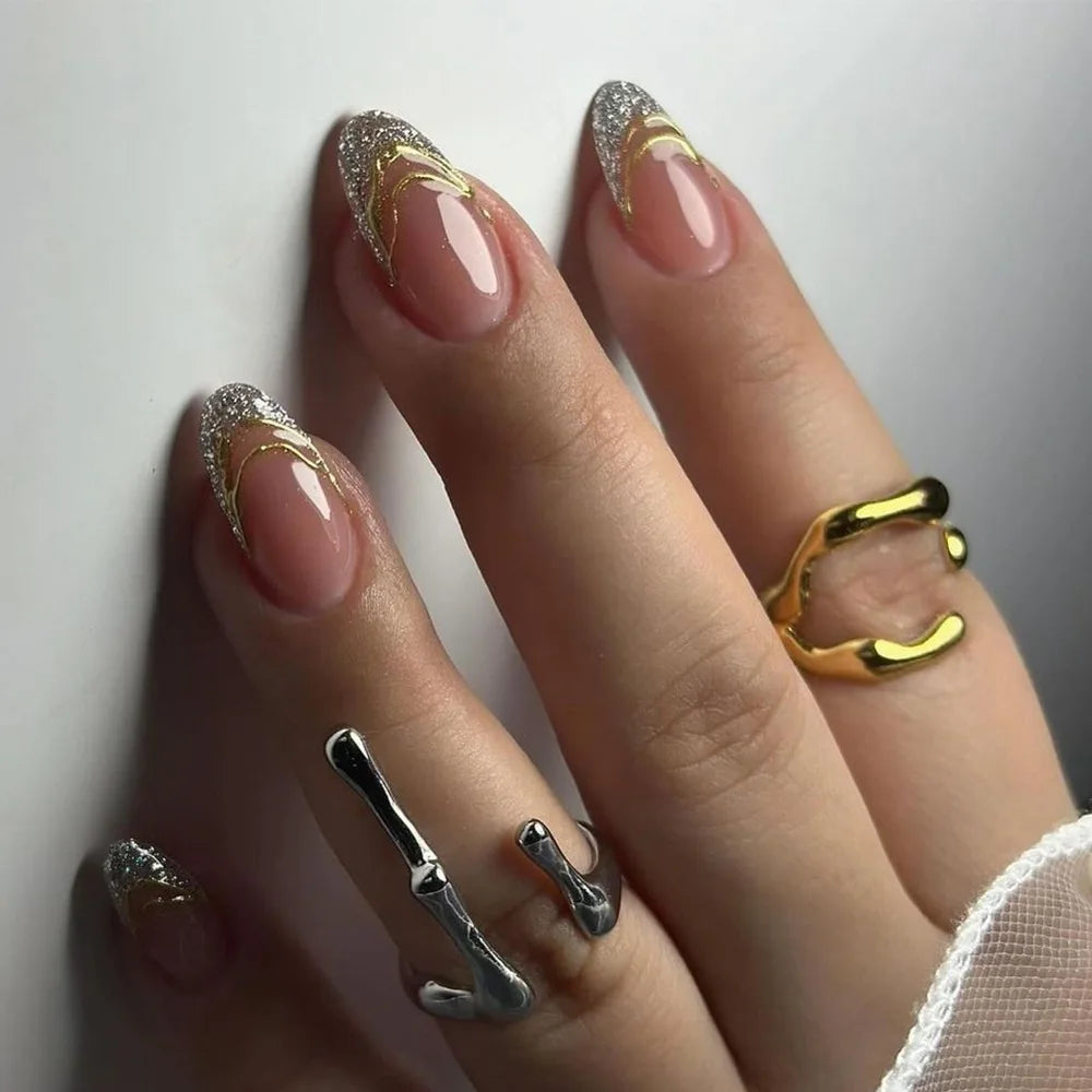 24Pcs Metallic Cat Eye French Sheer Manicure Tip Art Textured 3D Acrylic False Nails Nude Pink Almond Medium Press on Fake Nails
