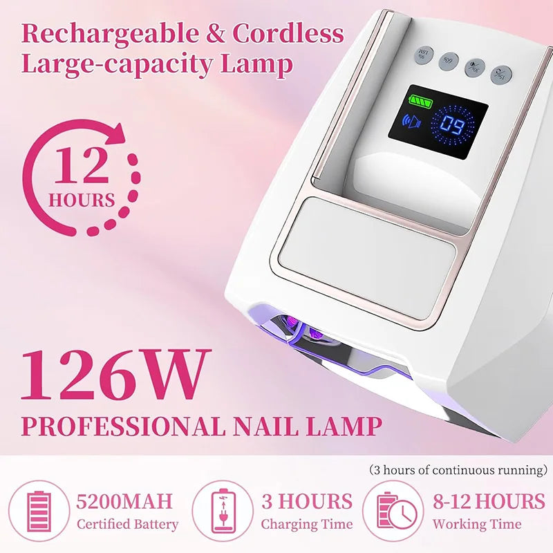 2026 New 126W/72W Rechargeable Nail Lamp Wireless Gel Polish Dryer Pedicure Machine Cordless Nail Art Lamp