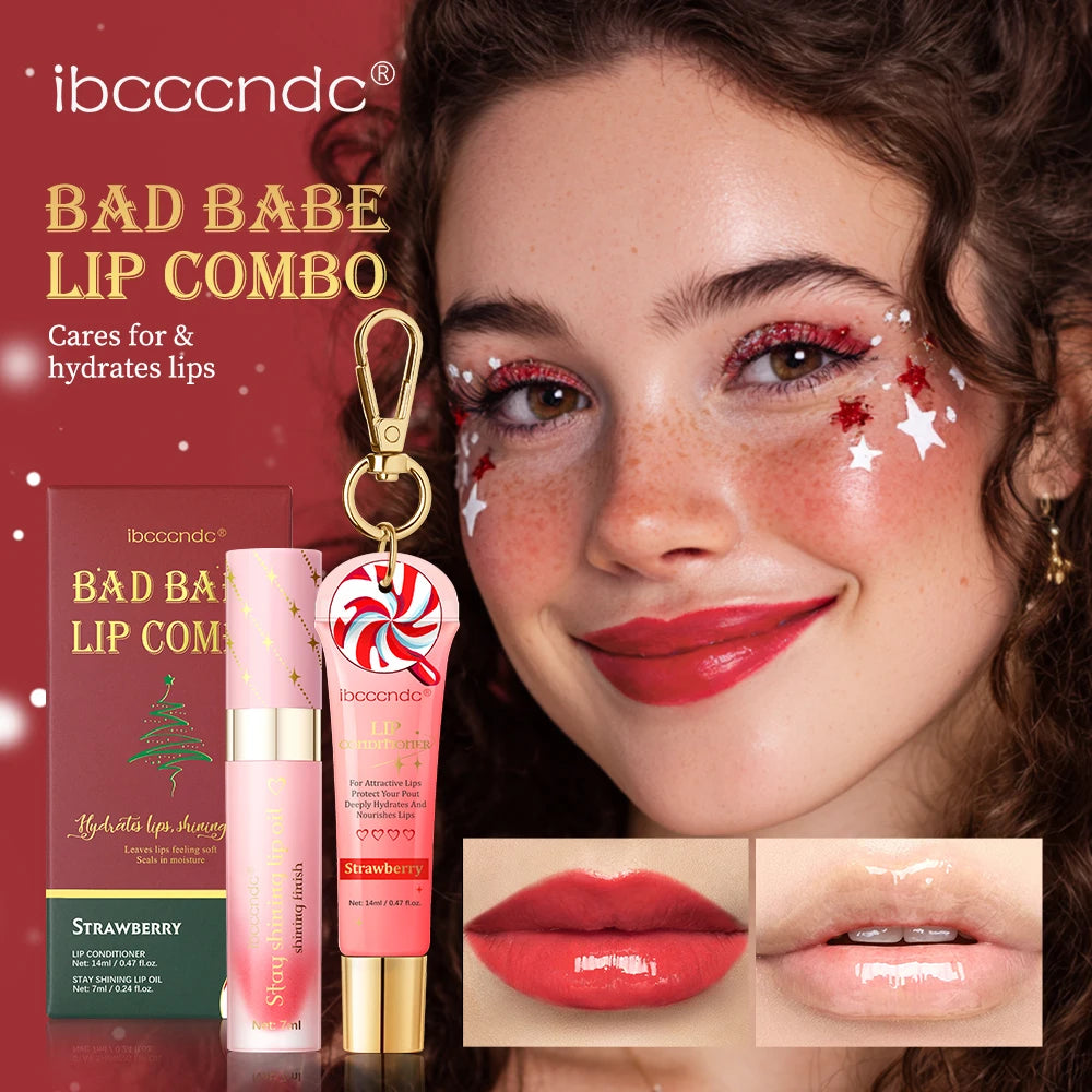 2pcs Bad Girl Glossy Christmas Lip Gloss Set Strawberry Lip Balm and Lip Gloss Combo Long-Lasting Hydrating Plump Lips Christmas