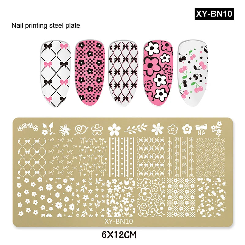 12x6cm Golden Rectangular Nail Stamping Plates Bowknot Butterfly Flower Fireworks Designs Nail Art Template For DIY Nail Decor