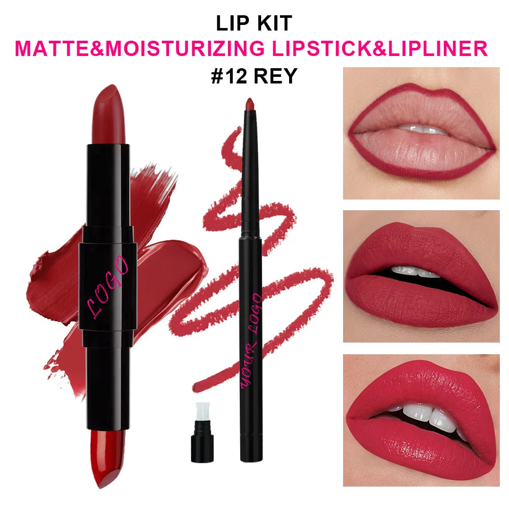 Lipstick with Lip Liner 2-1 Vegan Dual End Two Sides Matte Lipsticks Moist Combined Cosmetic Set