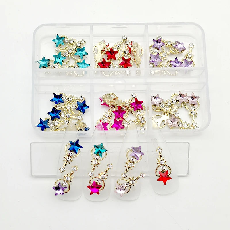 30Pcs Pink Nail Charms Alloy Rhinestones 3D Star Butterfly Heart Cross Gem Nails Crystal Diamond Nail Art Decoration Accessories