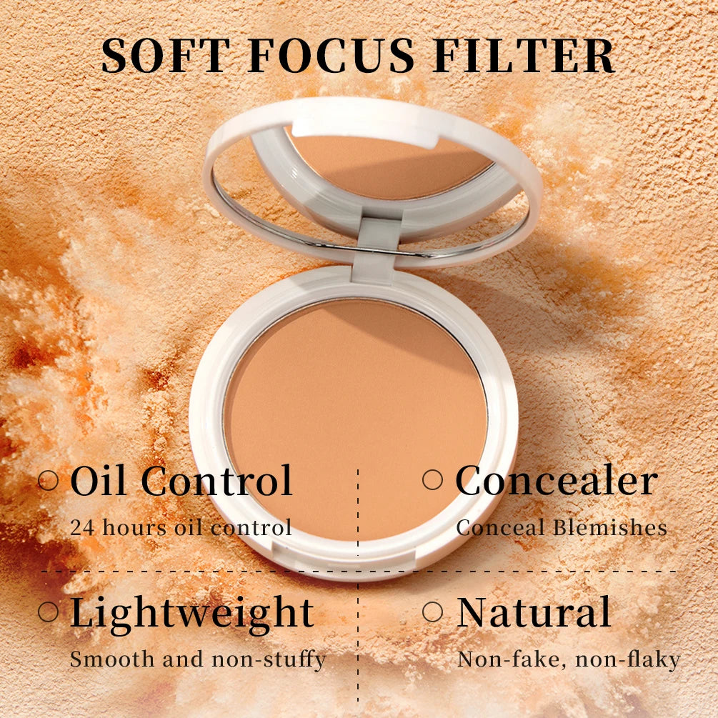 QIBEST Pressed Powder Oil-Control Long-Lasting Face Powder Compact Powder Full Coverage Makeup Base Foundation