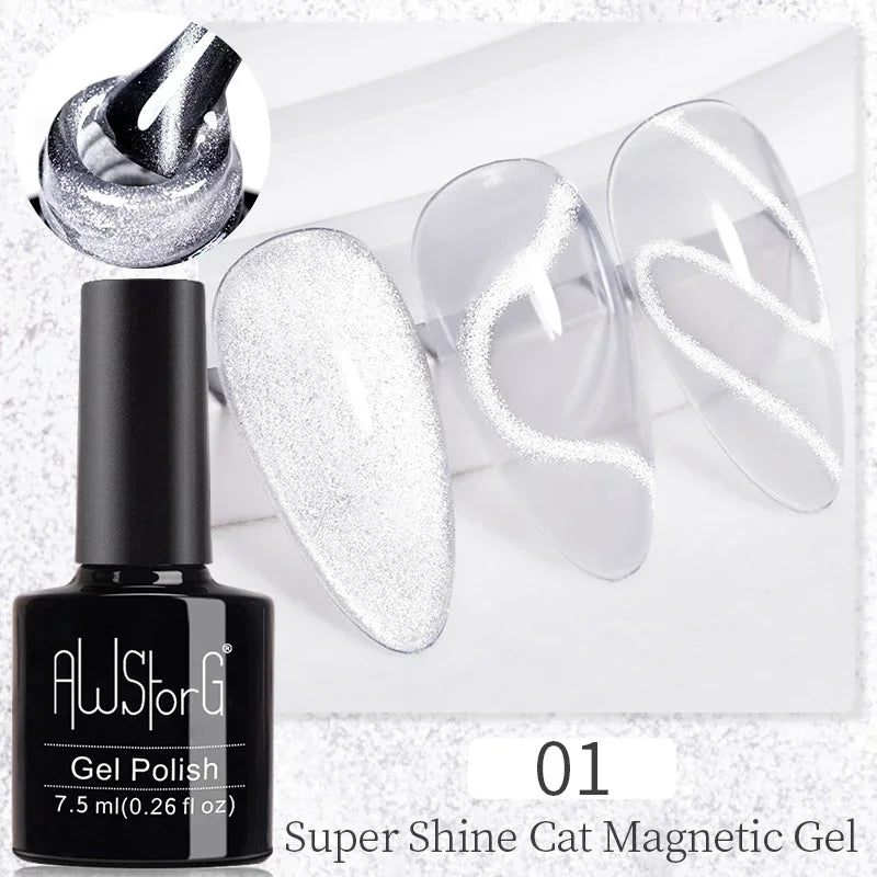 AWStorG 7.5ML Golden Gradient Cat Eye Magnetic Gel Sparkling Glitter Nail Polish Semi Permanent UV Nail Art No Need Base Color