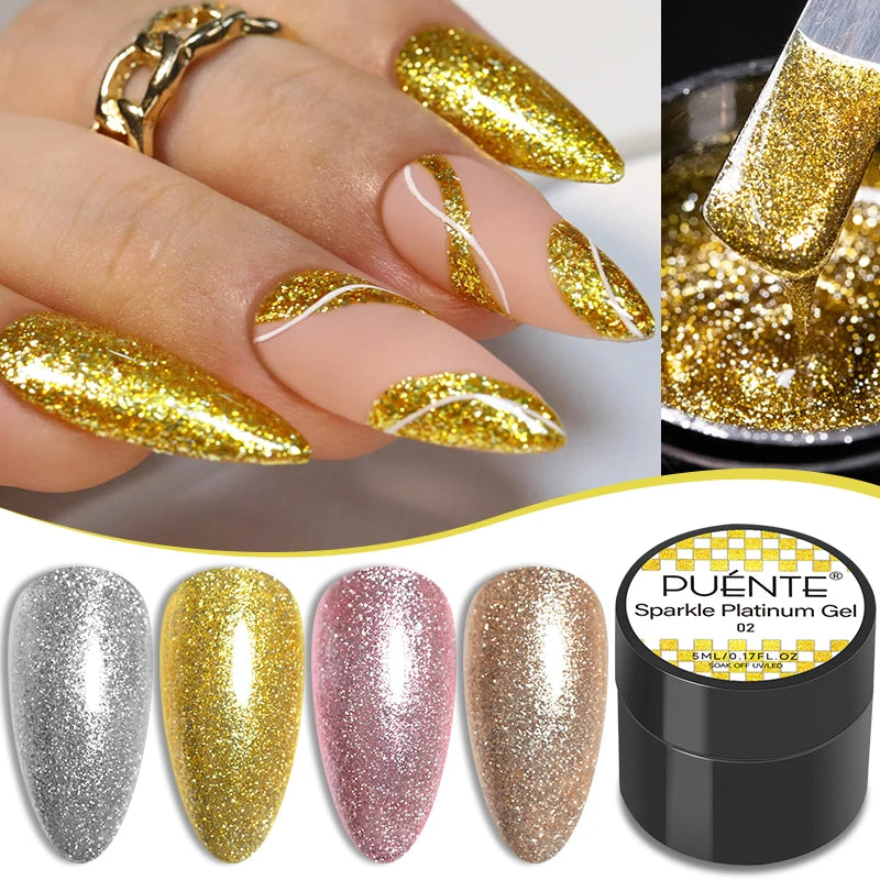 PUENTE Sparkle Platinum Gel Nail Polish 5ML Shiny Gold Silver Glitter Painting Gel Drawing Semi Permanent Varnish For Manicure