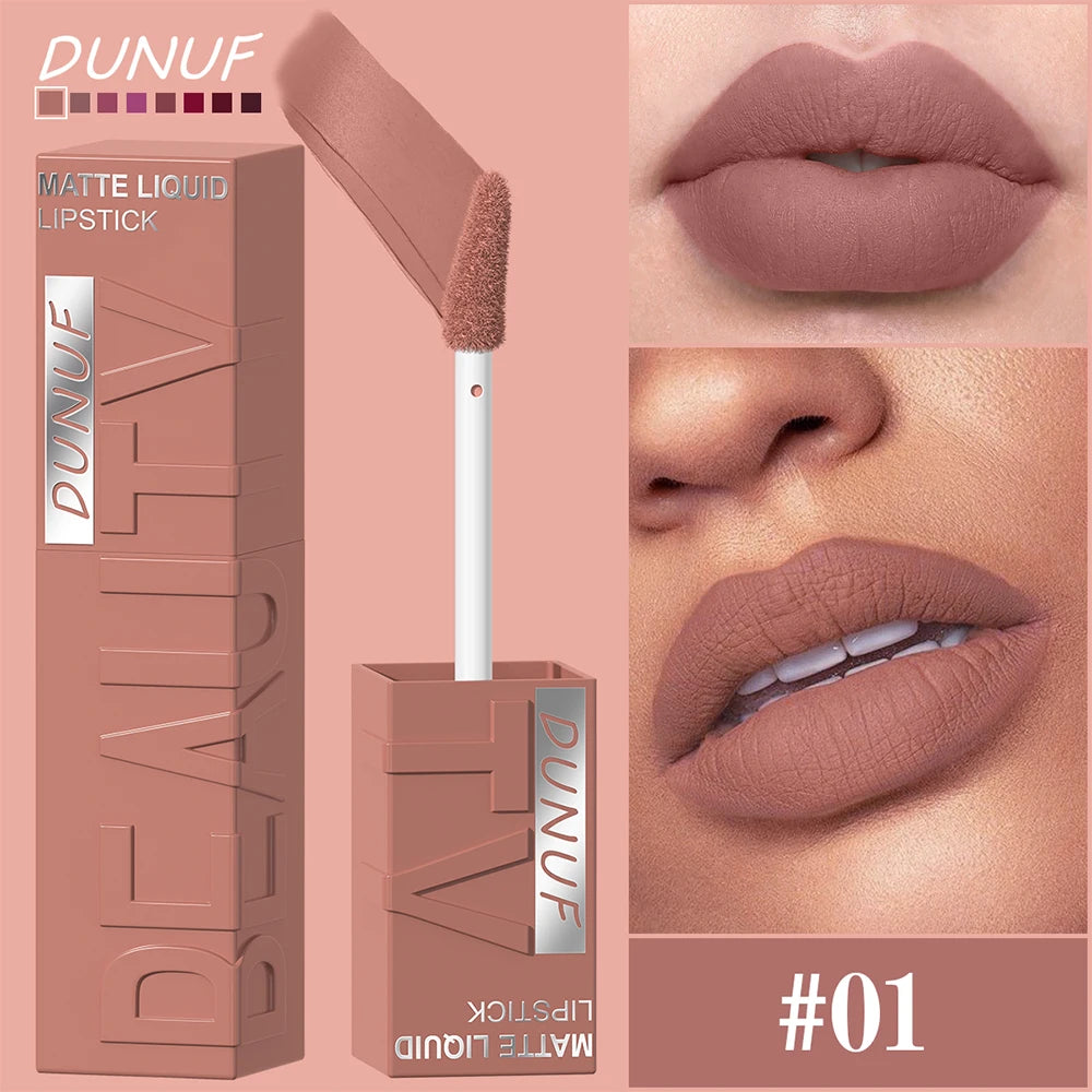 DUNUF 8-color matte velvet smooth easy-to-apply square tube lip gloss waterproof three-dimensional plumping lipstick