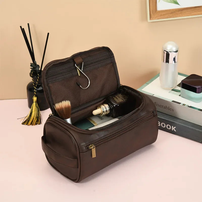 Men's Vintage Toiletry Bag - Luxury Travel Cosmetic Case Hanging Wash Bag for Business Trips Male Makeup Organizer Storage Pouch