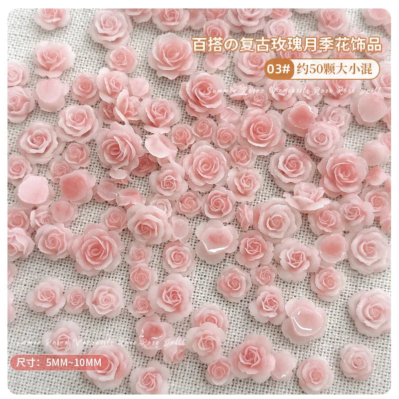50PCS 3D Mix Sizes Beautiful Blossoming Rose Flowers Resin Adhesive Nail Art Rhinestones Decorations Manicure Kawaii Charms