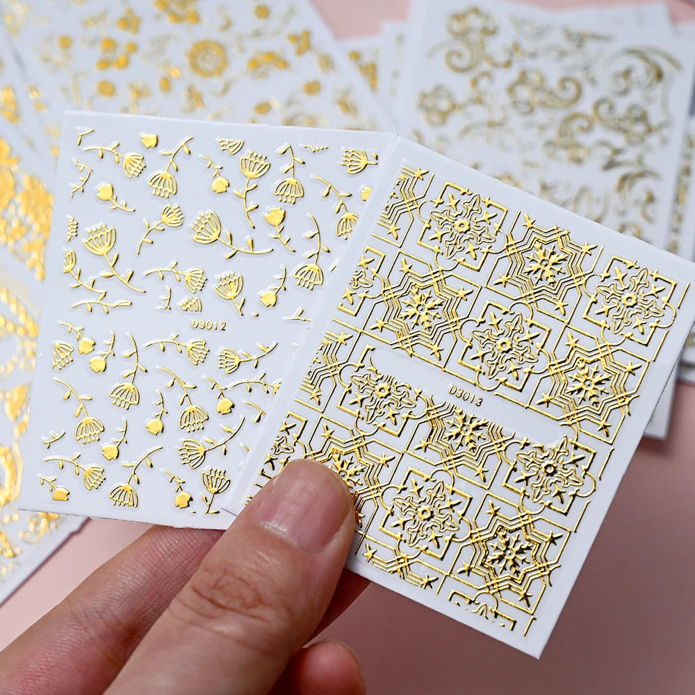 30 Sheets Gold Metallic Flowers Vine Nail Art Decals 3D Lace Flower Nail Sticker Self-Adhesive Nail Art Decoration 5.5*6.5cm