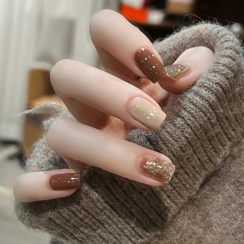 24Pcs Short False Nails with Shimmery Powder Ballet Nail Art Full Cover French Sheer Wearable Nail Manicure Tips for Girls Daily