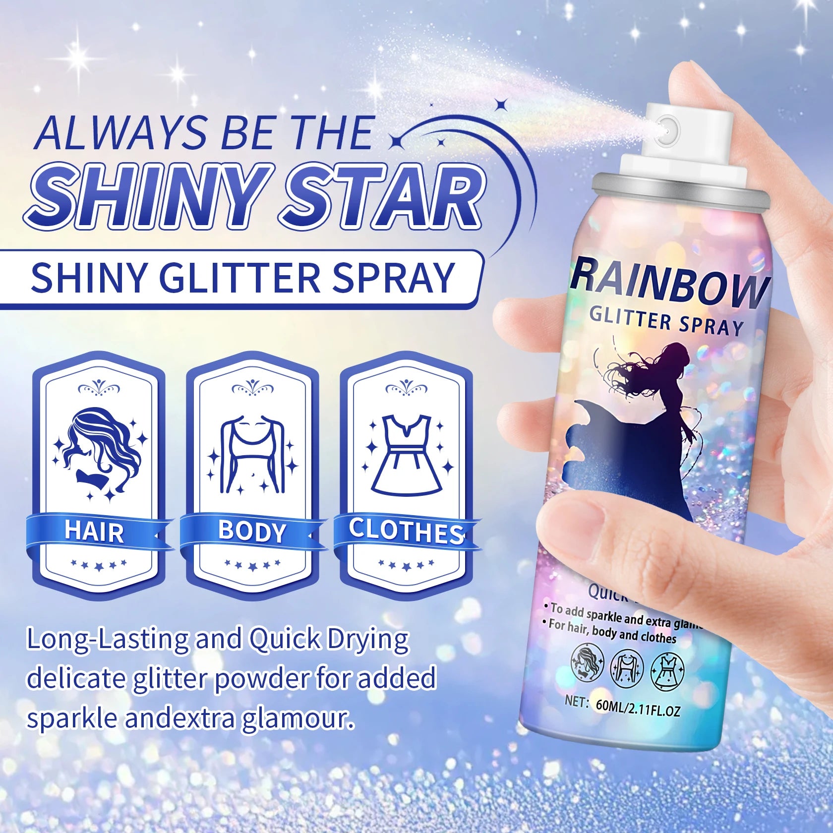 60ML Body Glitter Spray For Hair Body Long-Lasting Quick-Drying Shiny Hairspray For Festival Party Rave Temporary Glitter Spray