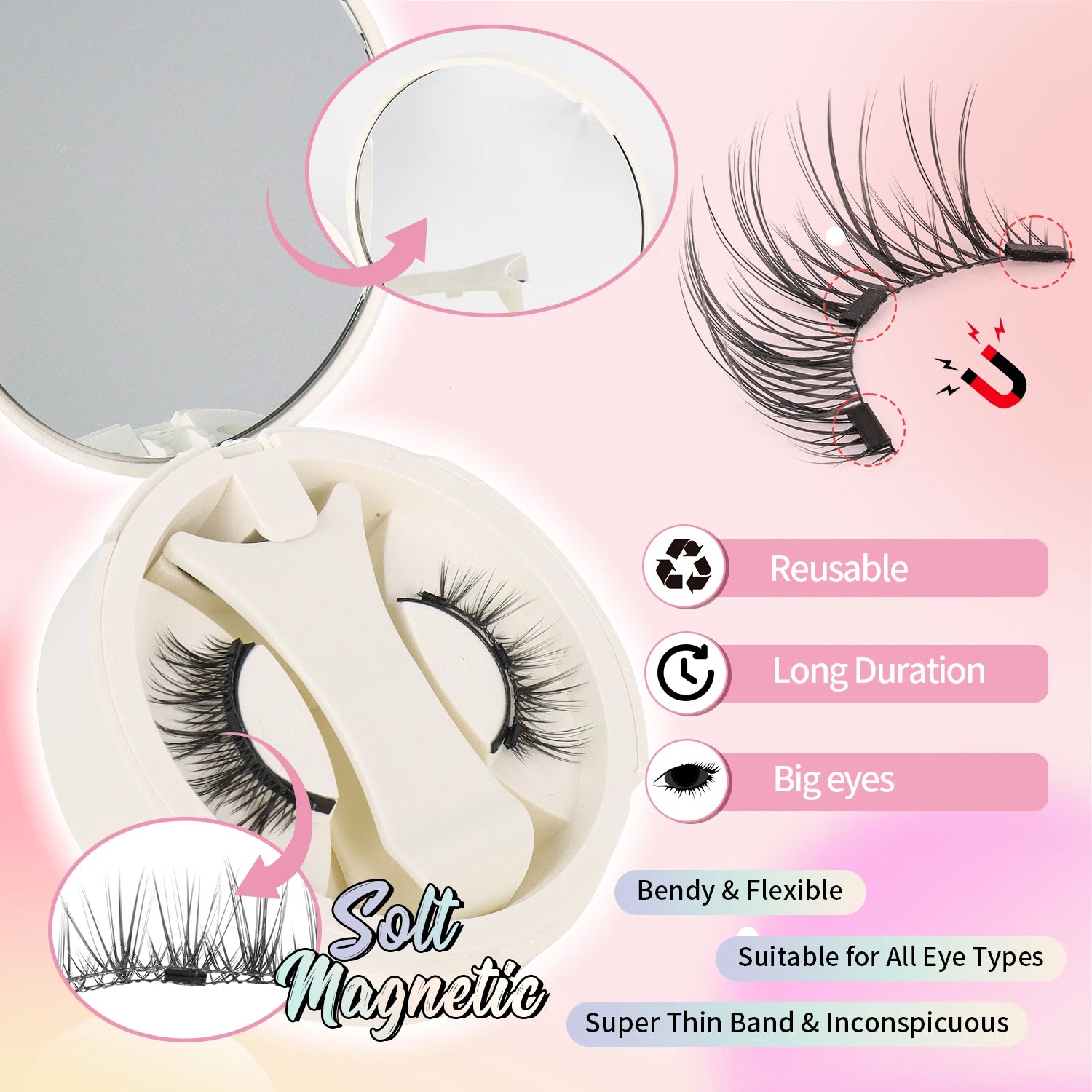 Magnetic Eyelashes 1 Pair Reusable Magnetic Eyelashes with Applicator No Glue Needed Eyelashes Cat Eye Thick Lash Clusters Kit E