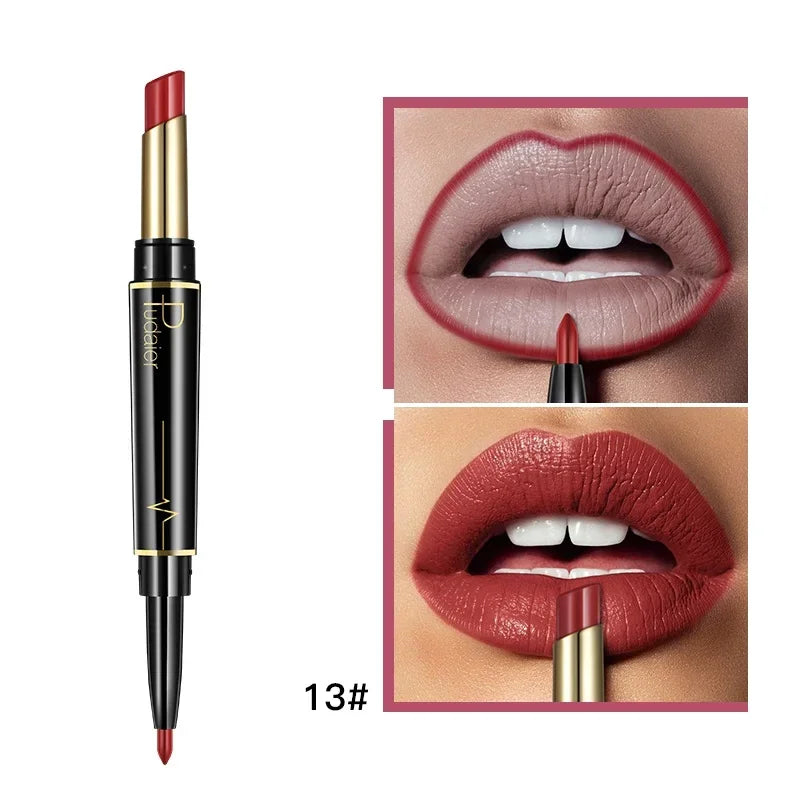 2 in 1 Lipstick and Lip Liner Pen, Matte Waterproof Long Lasting Lip Makeup Tool, Non-Fading Smooth Velvet Finish