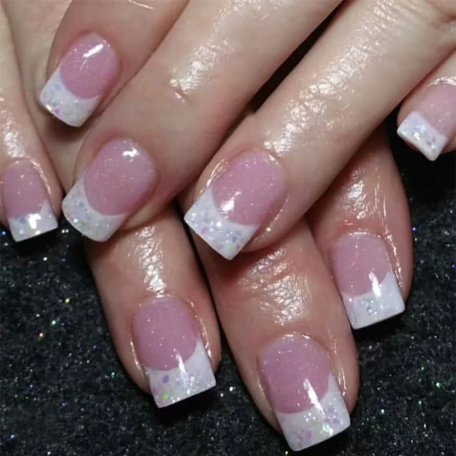 24Pcs Short False Nails with Shimmery Powder Ballet Nail Art Full Cover French Sheer Wearable Nail Manicure Tips for Girls Daily