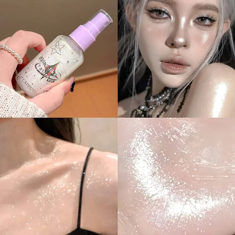 Instantly Covered with Sparkling Liquid Highlight Spray Moonlight White Lasting Shiny Face and Body Night Club Sparkling Makeup