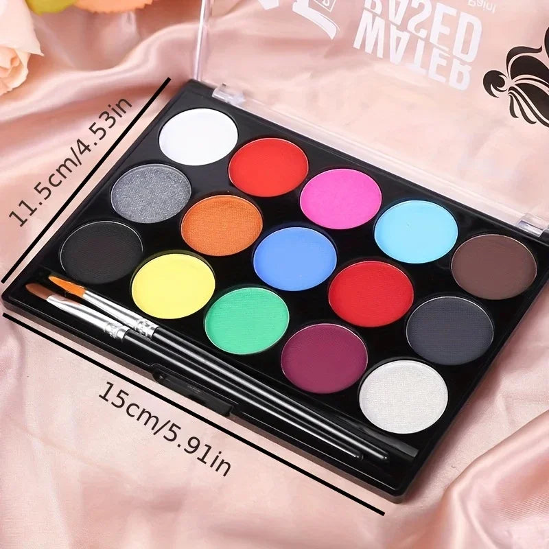 15 Colors Non-Toxic Face Painting Kit with Brush And Decals for Kids - Watercolor Body Makeup for Christmas Halloween Carnival