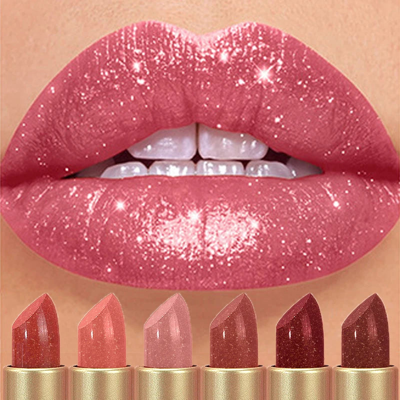 6 Colors Diamond Pearlescent Lipstick Glitter Shiny Metallic Lipstick Lip Tint Long Lasting Nude Shimmer Shiny Lip Gloss Makeup