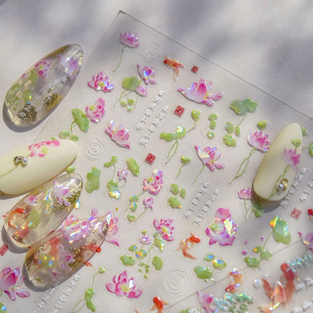 Goldfish Cavort Water Grass Lotus Flower Leaf Brocaded Carp Koi Ripple Droplet Water Bubbles 5D Nail Art Stickers Manicure Decal