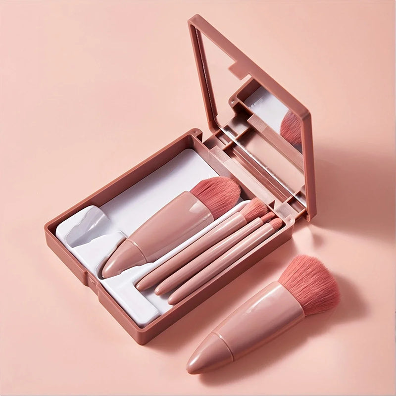 5 PCs Cosmetic Brush Portable Makeup Brush Travel With Mirror Box Makeup Set Brush Loose Brush Blush Brush Eyeshadow Brush