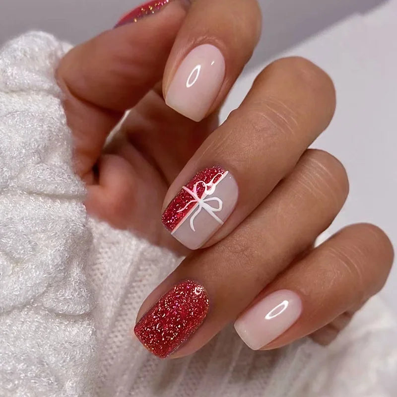 24Pcs Short False Nails with Shimmery Powder Ballet Nail Art Full Cover French Sheer Wearable Nail Manicure Tips for Girls Daily
